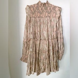 Elan Metallic Smocked Mock Neck Mini Dress